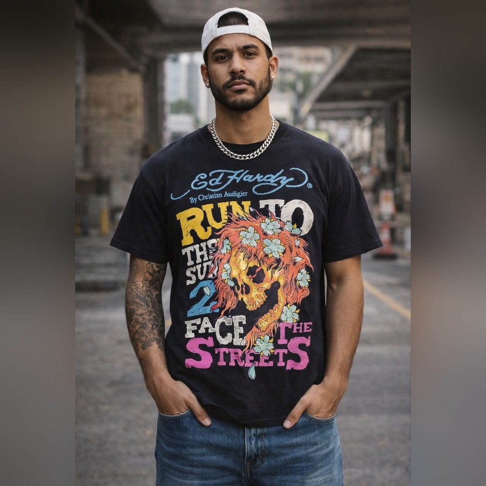 Vintage Ed Hardy Size Large Y2k Streetwear Graphic Tee Skull Tattoo Hypebeast